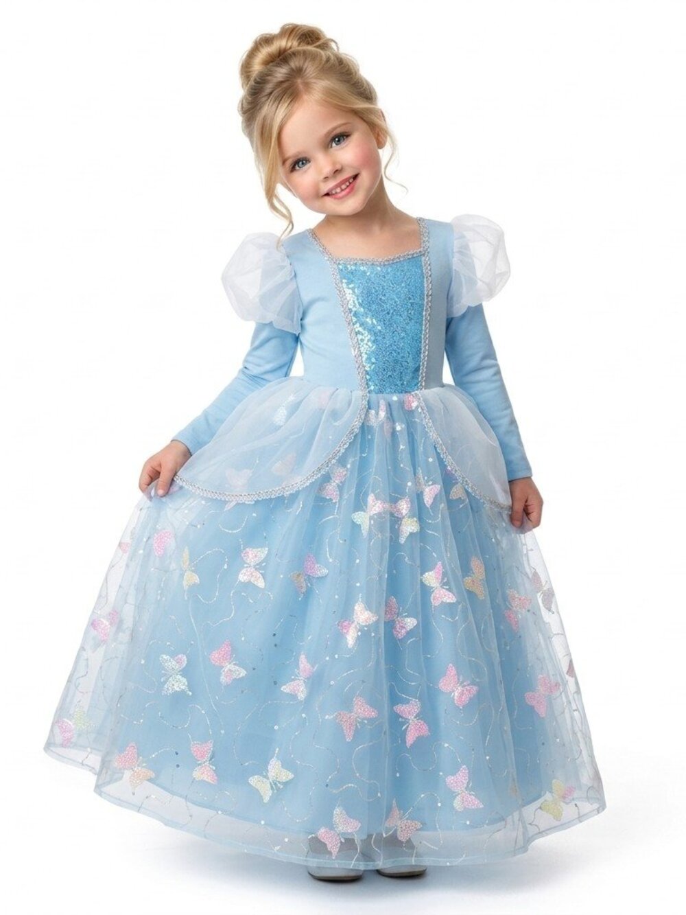 Girls Cinderella Princess Costume Dress Ice Blue Sequin Tulle Butterfly Birthday